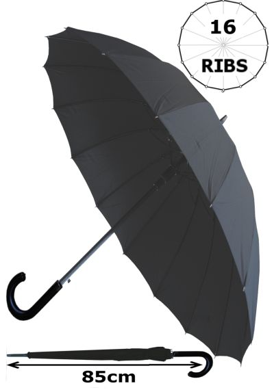 Windproof 60MPH - 16 Ribs For SUPER-STRENGTH - EXTRA STRONG - TRIPLE LAYER Reinforced Frame With Fiberglass - StormProtector Straight Umbrella - Auto Open - Black Canopy