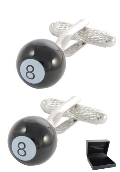 PREMIUM Cufflinks WITH PRESENTATION GIFT BOX - High Quality - 8 Ball Pool - Solid Brass - Sport Snooker Billiards Table Game Eight - Black Colour
