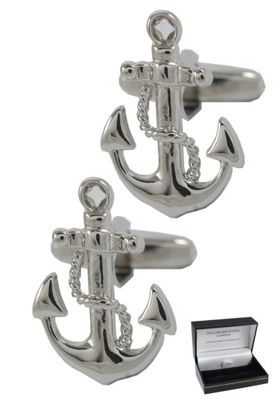 PREMIUM Cufflinks WITH PRESENTATION GIFT BOX - High Quality - Ship's Anchor and Rope - Brass - Boat Sailing Sailor Navy Naval Nautical Royal Yacht - Silver Colour