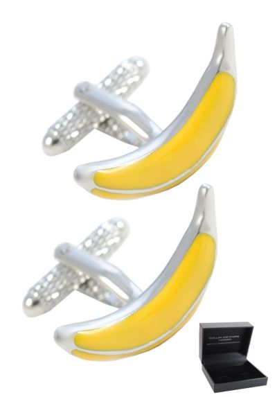 PREMIUM Cufflinks WITH PRESENTATION GIFT BOX - High Quality - Banana - Brass - Food Curved Fruit Bendy - Yellow and Silver Colours