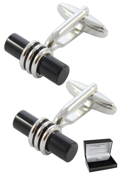 PREMIUM Cufflinks WITH PRESENTATION GIFT BOX - High Quality - Cylinder With Triple Loop Design Feature - Brass - Formal Classic Elegance - Black and Silver Colours