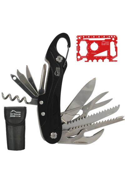 DIY TECH UK - 13 in 1 Pocket Multitool + FREE 48 in 1 Wallet Tool - EXTRA STRONG High Carbon Stainless Steel - Saw, Scissors, Tin & Bottle Opener, Knife, Corkscrew, Screwdriver Carabiner Black + Pouch