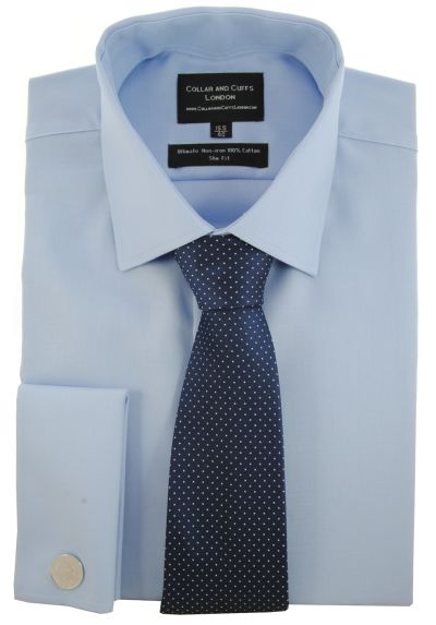 SHIRT AND TIE SET - Ultimate Non-Iron - Luxury 100% Cotton - Fit Guaranteed - Twill Fabric - Men's Shirt - Long Sleeve - Blue - Slim Fit, Double Cuff - Plain - BSL