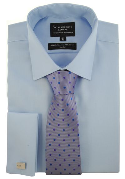 SHIRT AND TIE SET - Ultimate Non-Iron - Luxury 100% Cotton - Fit Guaranteed - Twill Fabric - Men's Shirt - Long Sleeve - Blue - Slim Fit, Double Cuff - Plain - BSB