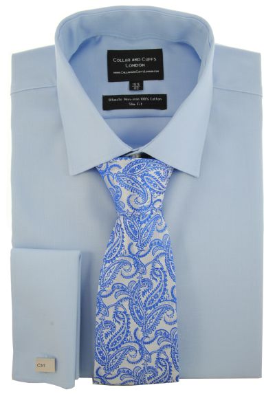 SHIRT, TIE AND CUFFLINK SET - Ultimate Non-Iron - Luxury 100% Cotton - Fit Guaranteed - Twill Fabric - Men's Shirt - Long Sleeve - Blue - Slim Fit, Double Cuff - Plain - BSN