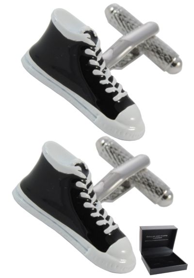 PREMIUM Cufflinks WITH PRESENTATION GIFT BOX - High Quality - Canvas Trainer - Black and White Shoes - Brass - Laces Sporty Casual Fashion - Black and White Colours