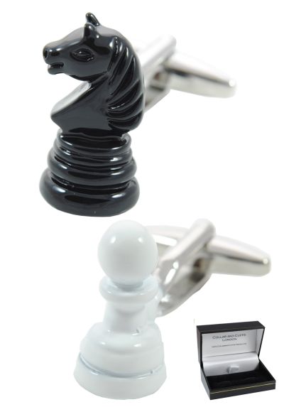 PREMIUM Cufflinks WITH PRESENTATION GIFT BOX - High Quality - Chess Piece - Solid Brass - Iconic Knight and Pawn - Board Game Hobby - Black and White Colours