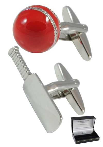 PREMIUM Cufflinks WITH PRESENTATION GIFT BOX - High Quality - Cricket Bat and Ball - Brass - Field Pitch Wicket Captain Umpire - Silver and Red Colour