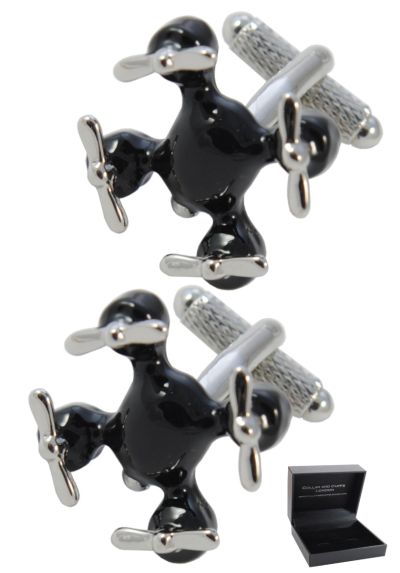 PREMIUM Cufflinks WITH PRESENTATION GIFT BOX - High Quality - Drone With Four Rotors - Brass - Flying Floating Unmanned Aircraft Spacecraft - Black and Silver Colours