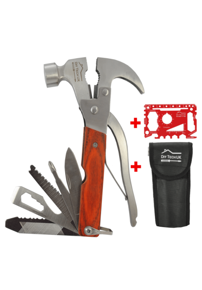 DIY TECH UK - 17 in 1 Hammer Multi Tool + FREE 48 in 1 Wallet Tool - EXTRA STRONG High Carbon Stainless Steel - Pliers, Wire Cutter, Bottle Opener, Knife, Saws, File, Screwdrivers & Spanners - Pocket Multi Tool - With Pouch