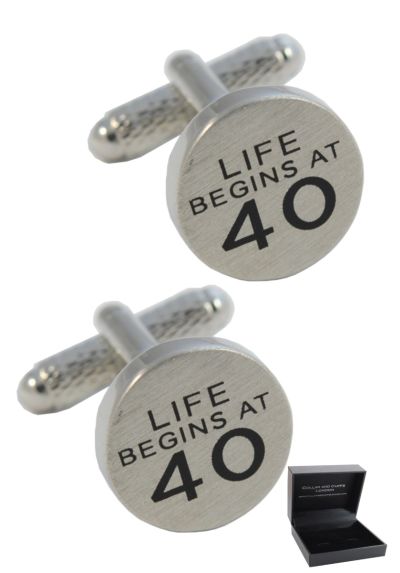 PREMIUM Cufflinks WITH PRESENTATION GIFT BOX - High Quality - Life Begins At 40 - Brass - Special Birthday Celebration Milestone - Silver and Black Colours