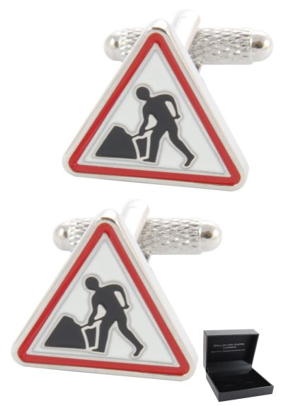 PREMIUM Cufflinks WITH PRESENTATION GIFT BOX - High Quality - Roadwords Sign - Solid Brass - Man at Work Traffic Car - Black Colour