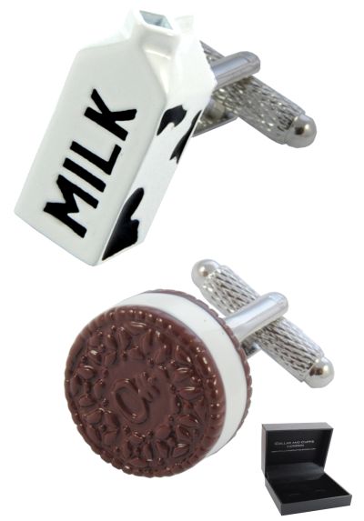 PREMIUM Cufflinks WITH PRESENTATION GIFT BOX - High Quality - Milk and Cookie - Brass - Biscuit Food Drink - Brown, Black and White Colours