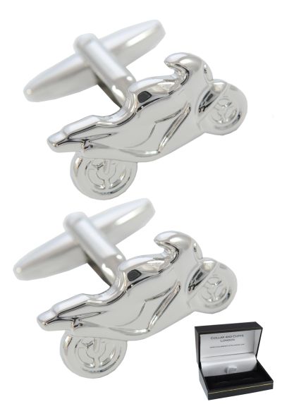 PREMIUM Cufflinks WITH PRESENTATION GIFT BOX - High Quality - Motor Cycle - Solid Brass - Bike Fans Sport Motorbike Speed Track Racing - Silver Colour