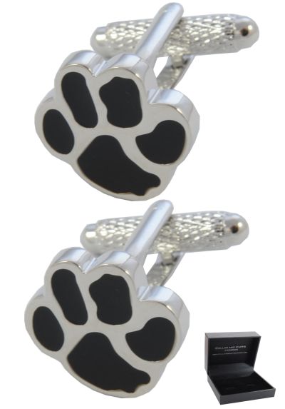 PREMIUM Cufflinks WITH PRESENTATION GIFT BOX - High Quality - Paw Print - Solid Brass - Animal Dog Cat Vet - Silver and Black Colours