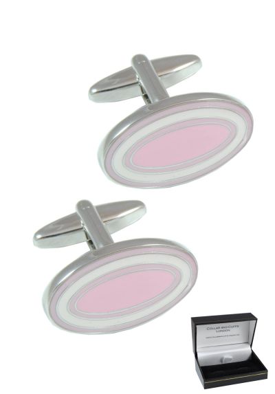 PREMIUM Cufflinks WITH PRESENTATION GIFT BOX - High Quality - Dual Colour Oval - Solid Brass - Classic Style - Pink and White Colours