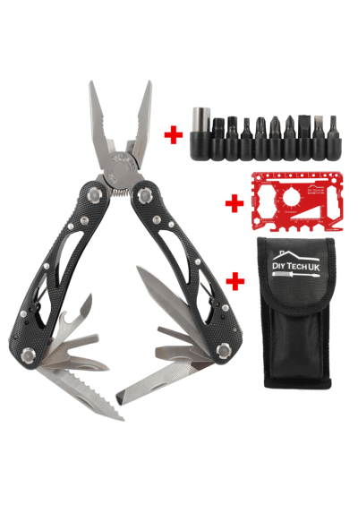 DIY TECH UK - 22 in 1 Pliers Mini Multi Tool + FREE 48 in 1 Wallet Multi Tool - EXTRA STRONG High Carbon Stainless Steel - Wire Cutter, Bottle and Tin Opener, Saw, Knives, File - Best Multi Tool For Screwdrivers - With Pouch