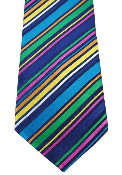 HIGH QUALITY Handmade Woven Tie - 100% Pure Silk - A Vibrant Striped Tie With Personality - Blue, Pink, White, Gold, Yellow and Green Multicoloured Stripes