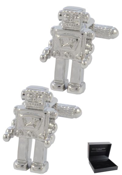 PREMIUM Cufflinks WITH PRESENTATION GIFT BOX - High Quality - Robot - Solid Brass - Modern Technology Mechanics Engineering - Silver Colour