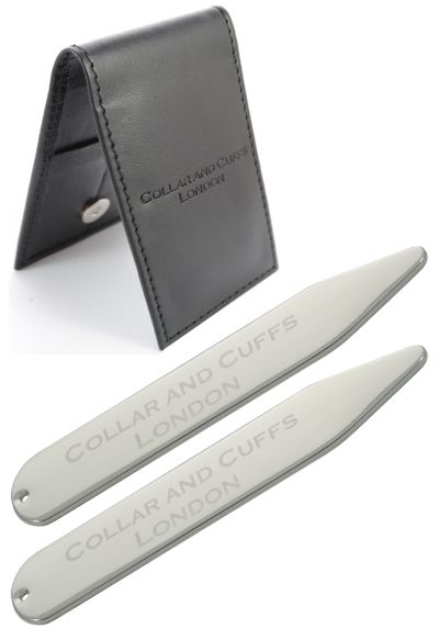 SILVER PLATED - High Quality Metal Shirt Collar Stiffeners - 2.35" - With Presentation Gift Wallet - Silver Colour - One Pair of Shirt Collar Stays