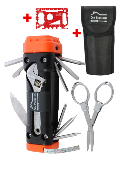 DIY TECH UK - 13 in 1 Torch and Wrench Multitool + FREE 48 in 1 WALLET TOOL - Latest Super-Bright LED - Extra Strong High Carbon Stainless Steel - Screwdrivers, Allen Keys, Scissors, Tape Measure, Saw