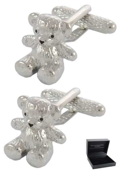 PREMIUM Cufflinks WITH PRESENTATION GIFT BOX - High Quality - Teddy Bear - Solid Brass - Animal Cuddly Toy Parent - Silver Colour