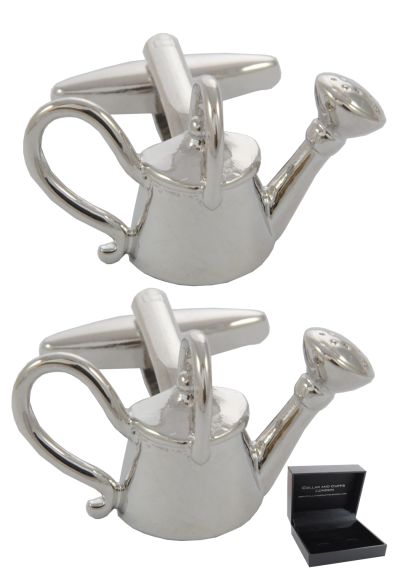 PREMIUM Cufflinks WITH PRESENTATION GIFT BOX - High Quality - Watering Can - Garden Gardening Gardener Horticultural Green Fingers - Silver Colour