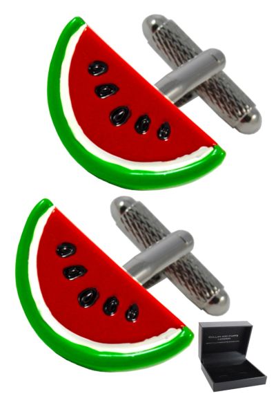 PREMIUM Cufflinks WITH PRESENTATION GIFT BOX - High Quality - Watermelon Slice - Brass - Food Summer Fruit Water Melon - Green Red White and Black Colours