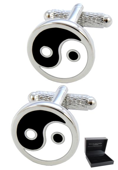 PREMIUM Cufflinks WITH PRESENTATION GIFT BOX - High Quality - Yin and Yang - Brass - Opposite Equality Wave Ying Symbol  - Black White and Silver Colours